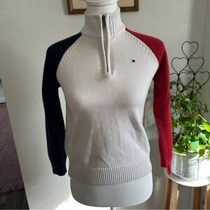 Tommy Hilfiger Women's Cream, Red, and Blue Turtleneck Sweater